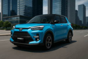 Toyota Raize GR Sport SUV ringkas berwarna biru dengan desain sporty melaju di jalan perkotaan modern