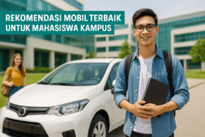 Mahasiswa kampus modern sedang berdiri di samping mobil kompak berwarna putih di area universitas, suasana cerah dan modern